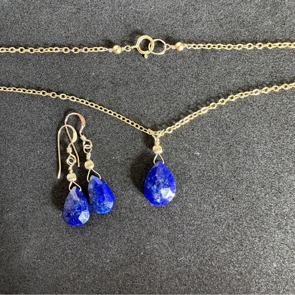Lapis Lazuli Necklace Earrings Set 14k Gold Filled - Picture 10 of 12